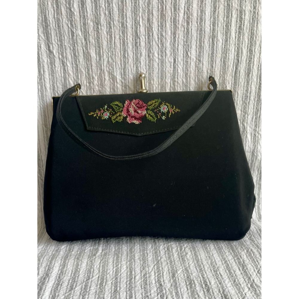 Vintage Clothfair of London Black Rayon Floral Embroidered Evening Bag British